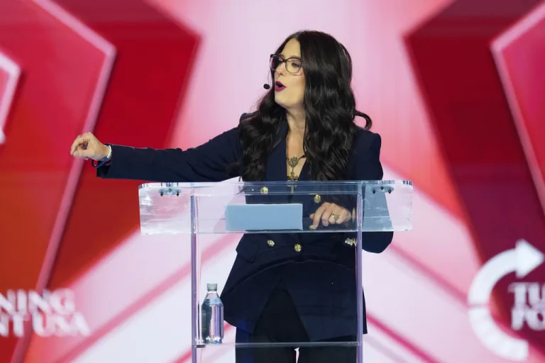 Kristan Hawkins speaks during Turning Point USA's AmericaFest 2025, Friday, Dec. 19, 2025, in Phoenix. (AP Photo/Ross D. Franklin)
