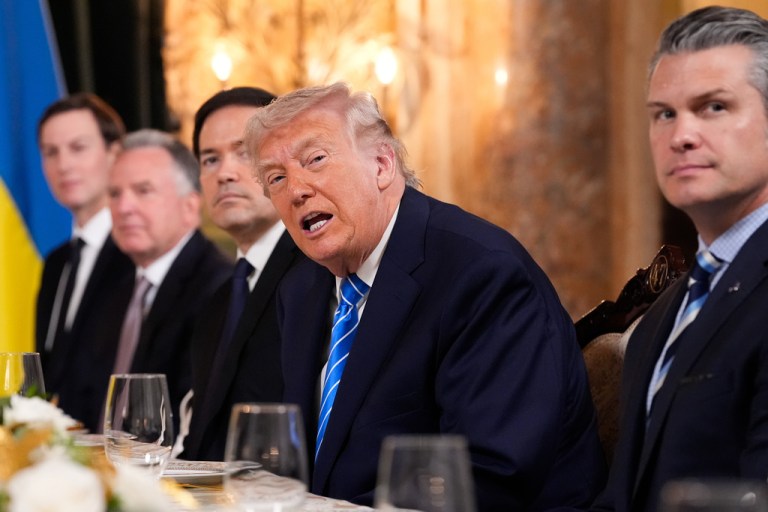 President Donald Trump, accompanied, from left to right, by Jared Kushner, Middle East special envoy Steve Witkoff, White House chief of staff Susie Wiles, Secretary of State Marco Rubio, and Secretary of War Pete Hegseth.