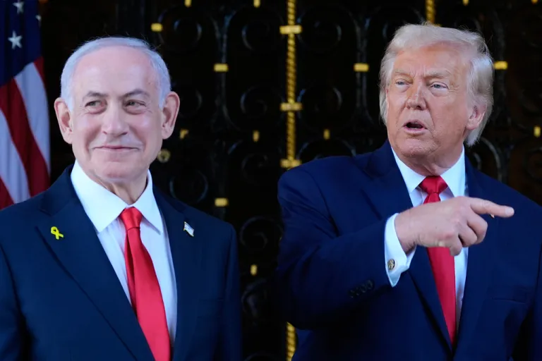 President Donald Trump speaks to reporters as he greets Israel's Prime Minister Benjamin Netanyahu