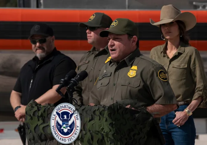 Chief of Border Patrol Michaels Banks addresses the media during a visit by U.S. Secretary of Homeland Security Kristi Noem on Wednesday, Jan. 7, 2026, in Brownsville, Texas. (AP Photo/Gabriel V. Cardenas)