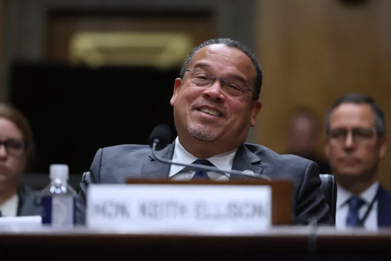 Minnesota Attorney General Keith Ellison speaks during a Senate Homeland Committee hearing on Capitol Hill in Washington, Thursday, Feb. 12, 2026, in Washington.