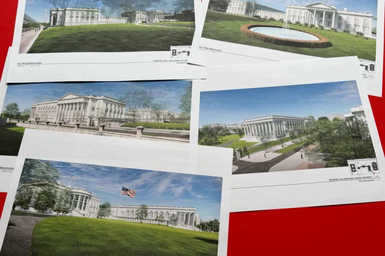 Artist renderings and diagrams of the new White House East Wing and Ballroom, briefly posted on the National Capital Planning Commission's website ahead of a March 5, hearing, are photographed Tuesday, Feb. 17, 2026. (AP Photo/Jon Elswick)