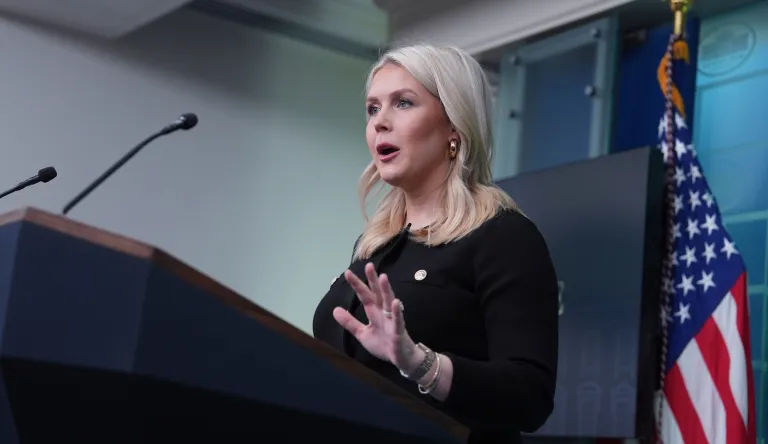 White House press secretary Karoline Leavitt speaks during a briefing at the White House, Wednesday, Feb. 18, 2026, in Washington. (AP Photo/Evan Vucci)