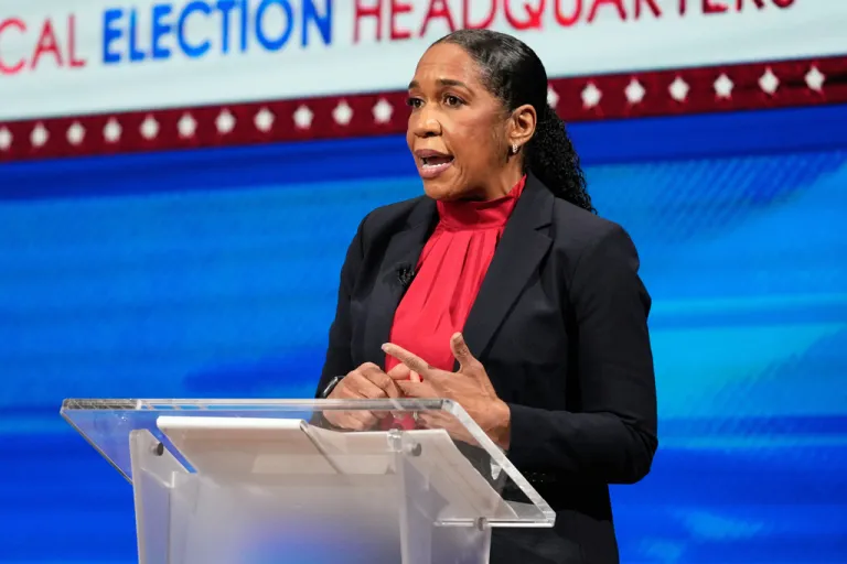 Illinois Lt. Gov. Juliana Stratton (D), a Democratic Senate candidate, speaks during U.S. Senate Democratic Primary Debate, in Chicago, Thursday, Feb. 19, 2026. (AP Photo/Nam Y. Huh)