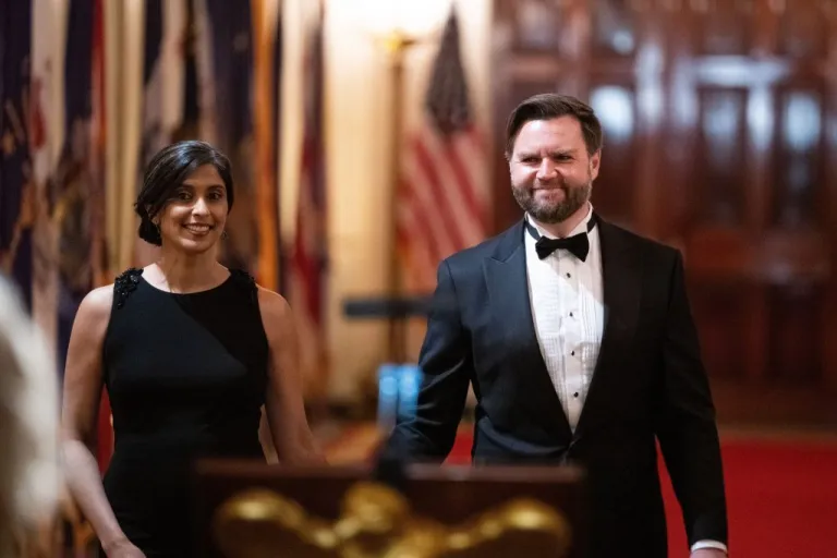 Vice President JD Vance and second lady Usha Vance arrive at the National Governors Association dinner in Washington, Feb. 21, 2026.