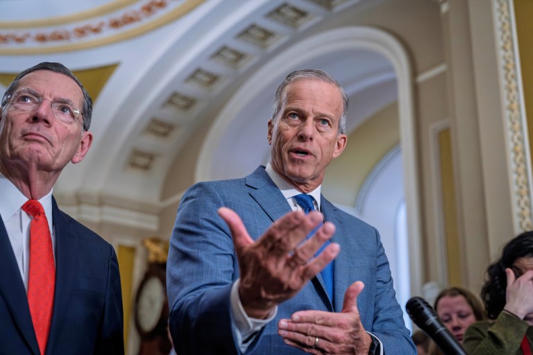 Senate Majority Leader John Thune, R-S.D., joined at left by Sen. John Barrasso, R-Wyo., the GOP whip, reflects on President Donald Trump's State of the Union address as he meets with reporters at the Capitol in Washington, Wednesday, Feb. 25, 2026.