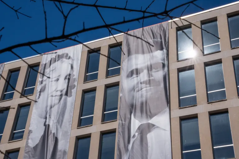 A banner of Charlie Kirk hung from the Department of Education, Sunday, March 1, 2026, in Washington.