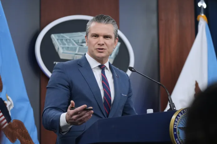 Defense Secretary Pete Hegseth speaks during a press briefing at the Pentagon