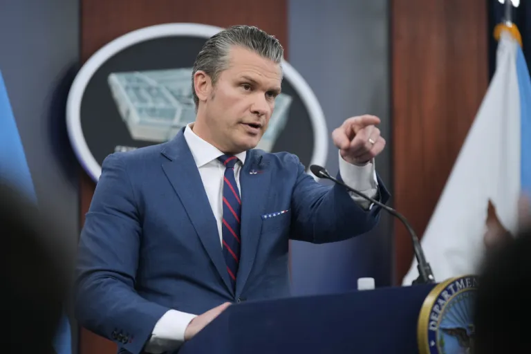 Defense Secretary Pete Hegseth during a press briefing at the Pentagon, Monday, March 2, 2026, in Washington. (AP Photo/Mark Schiefelbein)
