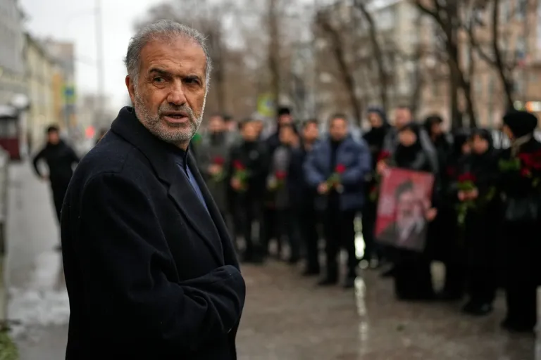 Iran's Ambassador to Russia Kazem Jalali leads a mourning ceremony for late Supreme Leader Ali Khamenei.