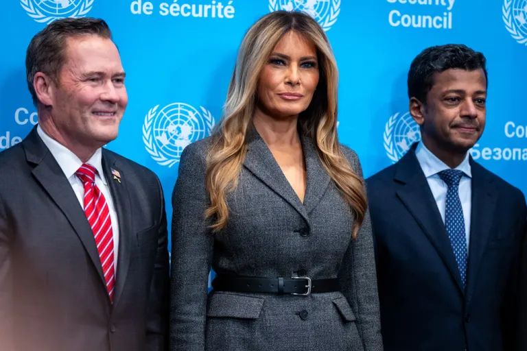 First lady Melania Trump takes a photo with a group of UN Diplomats.