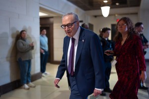 Senate Minority Leader Chuck Schumer, D-N.Y., arrives at a secure facility in the basement of the Capitol in Washington, Monday, March 2, 2026