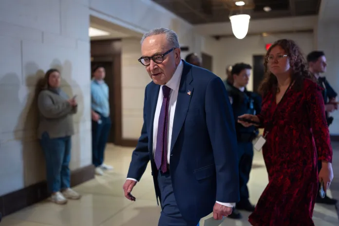 Senate Minority Leader Chuck Schumer, D-N.Y., arrives at a secure facility in the basement of the Capitol for an intelligence briefing with Secretary of State Marco Rubio on the Iran war in Washington