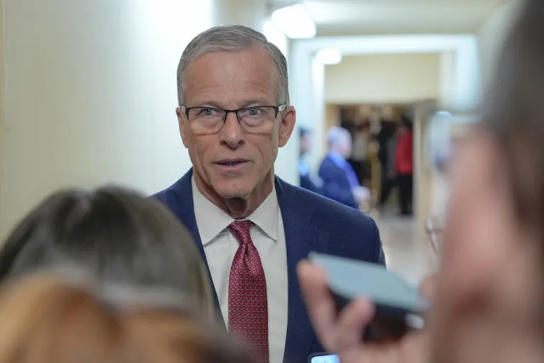 Sen. Majority Leader John Thune, R-S.D., speaks with reporters, Tuesday, March 3, 2026, on Capitol Hill in Washington. (AP Photo/Mariam Zuhaib)
