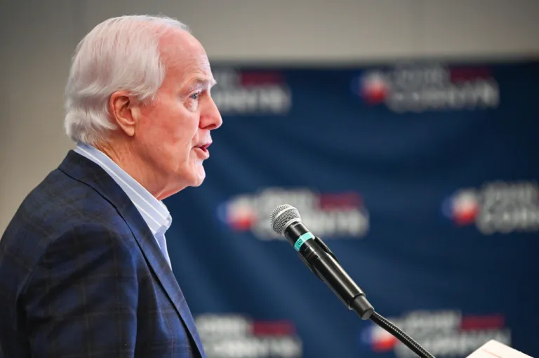 Sen. John Cornyn, R-Texas, speaks to the media Tuesday, March 3, 2026, in Austin, Texas