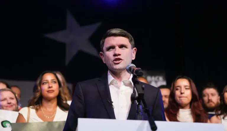 Texas state Rep. James Talarico, D-Austin, a Democratic candidate for the U.S. Senate, speaks at a primary election watch party Tuesday, March 3, 2026, in Austin, Texas. (AP Photo/Eric Gay)