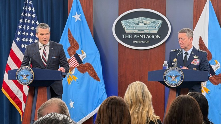 Defense Secretary Pete Hegseth and Chairman of the Joint Chiefs of Staff Gen. Dan Caine, speak during a press briefing