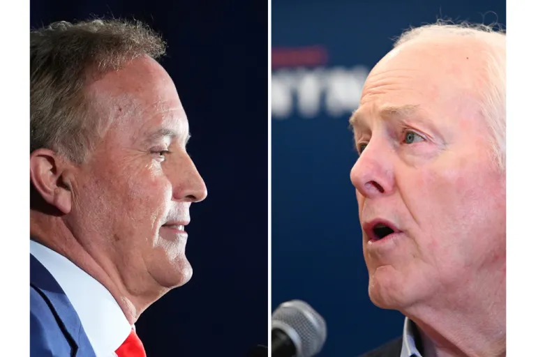 This photo combination shows Texas Attorney General Ken Paxton, left, in Dallas and Sen. John Cornyn, R-Texas, in Austin, Texas, both on March 3, 2026