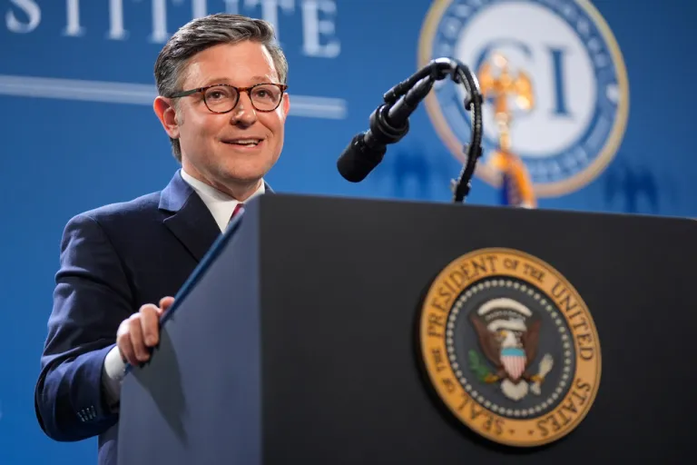 House Speaker Mike Johnson (R-LA) speaks before President Donald Trump