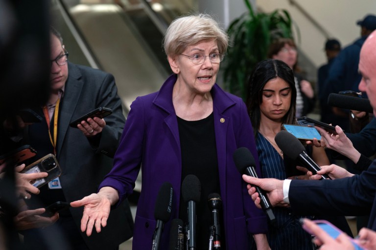 Sen. Elizabeth Warren, D-Mass., speaks to the media after a closed door briefing on the Iran war