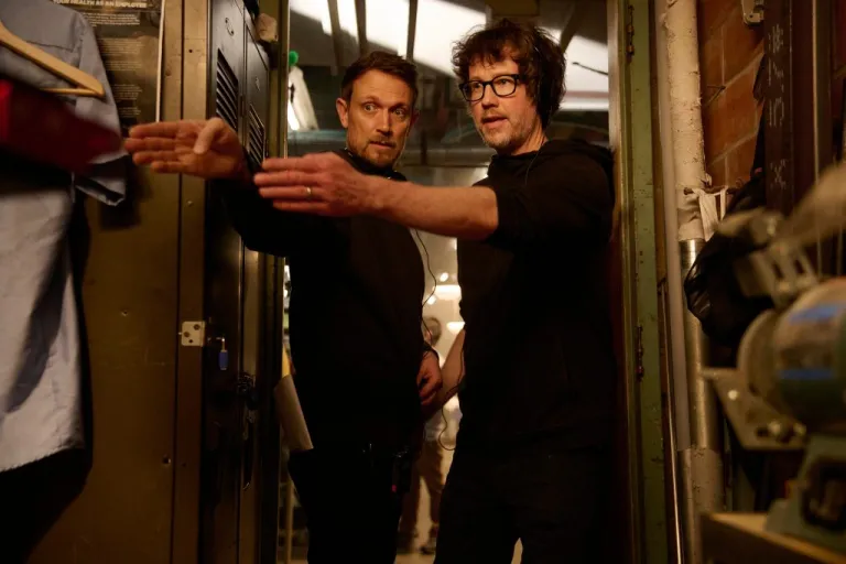 Directors Matt Bettinelli-Olpin, left, and Tyler Gillett on the set of 