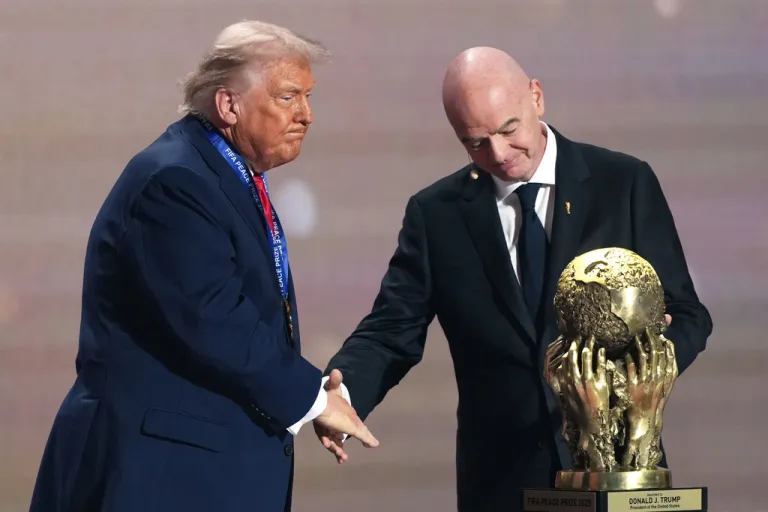 FIFA President Gianni Infantino presents President Donald Trump with the FIFA Peace Prize.