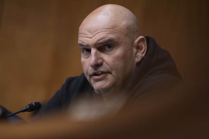 Sen. John Fetterman, D-Pa., speaks during a confirmation hearing for Sen. Markwayne Mullin, R-Okla., before the Senate Committee on Homeland Security and Governmental Affairs, to examine his nomination to be Secretary of Homeland Security, on Capitol Hill in Washington