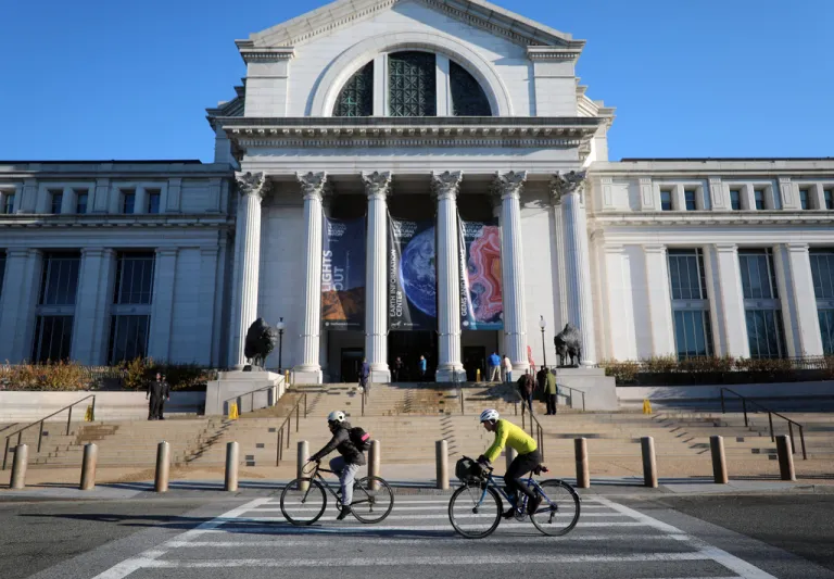 Bison statues cast in bronze are on permanent display outside the Smithsonian's National Museum of Natural History, Friday, March 20, 2026, in Washington. (AP Photo/Rahmat Gul)