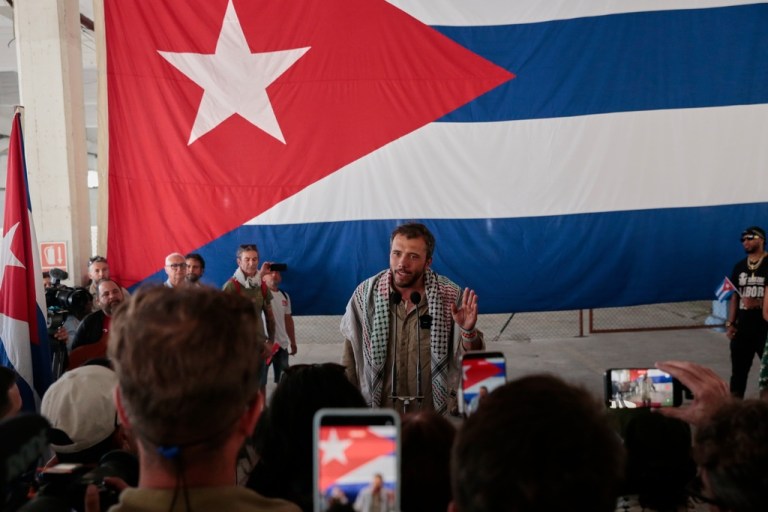 Activist from Brazil Thiago Avila Da Silva talk to the press after his arrival on the ship Maguro, that navigated from Mexico with humanitarian aid as part of the 