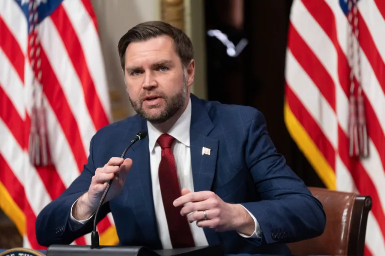Vice President JD Vance, chair of the newly formed Task Force to Eliminate Fraud, speaks during the task force's first meeting in the Indian Treaty Room at the Eisenhower Executive Office Building on the White House complex in Washington, Friday, March 27, 2026. (AP Photo/Manuel Balce Ceneta)