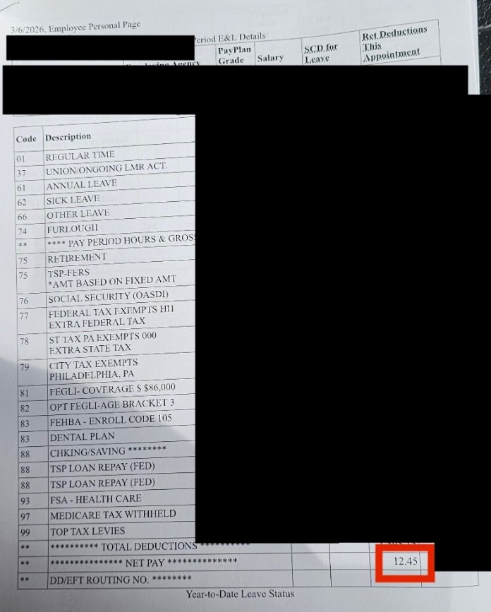A pay stub from a TSA officer from last cycle shows a net payment of $12.45. (Provided to the Washington Examiner by the AFGE Union)