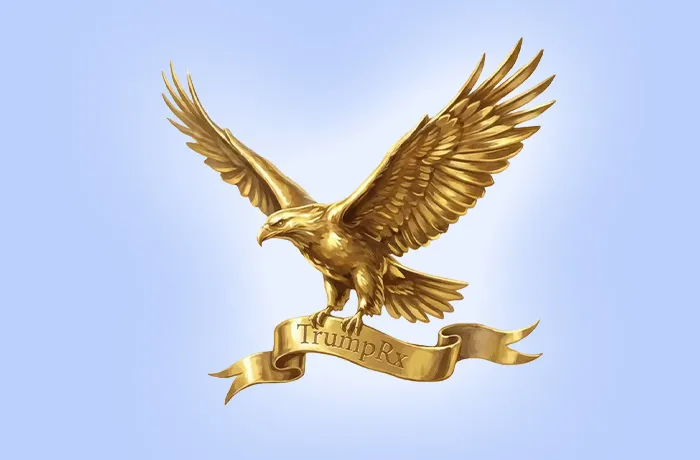A golden eagle gripping a banner inscribed with ‘TrumpRx’ is featured on the TrumpRx.gov website. (via TrumpRx.gov)