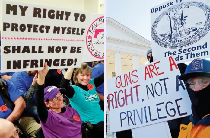 Down this road before: At left, gun-rights protesters display signs at a state Senate committee meeting in Richmond, Jan. 13, 2020; at right, a protest outside the Virginia Capitol, Jan. 20, 2020. (IImages: Steve Helber/AP)