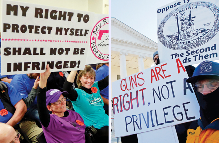 Down this road before: At left, gun-rights protesters display signs at a state Senate committee meeting in Richmond, Jan. 13, 2020; at right, a protest outside the Virginia Capitol, Jan. 20, 2020. (IImages: Steve Helber/AP)