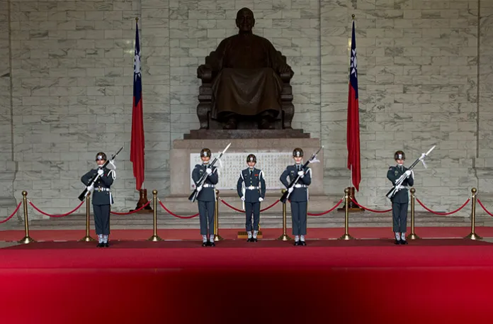 Members of the Taiwanese honor guard take part in a change of duty ceremony at the Chiang Kai-shek Memorial Hall in Taipei, Taiwan. (Ng Han Guan/AP)