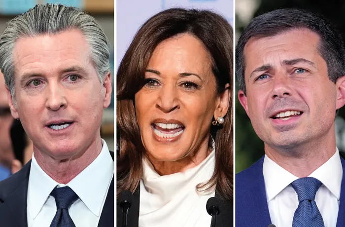 Left to right: Gavin Newsom, Kamala Harris, Pete Buttigieg (Godofredo A. Vásquez/AP; Susan Walsh/AP)
