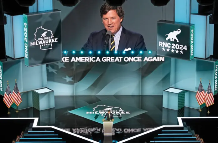 Podcaster Tucker Carlson speaks at the Republican National Convention in Milwaukee, July 18, 2024. (Morry Gash/AP)