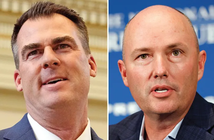 Oklahoma Gov. Kevin Stitt speaks in Oklahoma City, Feb. 6, 2023. Utah Gov. Right photo: Spencer Cox in Washington, D.C., Sept. 04, 2025. (Stitt, Sue Ogrocki/AP; Cox, Kevin Dietsch/Getty)