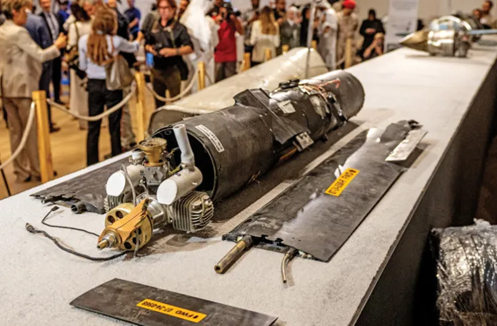 Pieces of missiles and drones recovered after attacks by Iran are displayed during a press briefing by the United Arab Emirates in Abu Dhabi, March 3, 2026. (Ryan Lim/AFP/Getty)