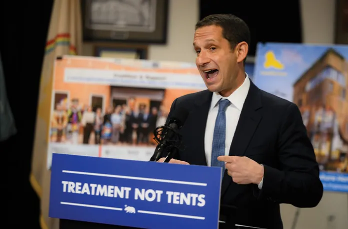 San Francisco Mayor Daniel Lurie at his Jan. 16, 2026, press conference about the city’s “New Funding for Homelessness and Mental Health Efforts.” (Tayfun Coskun/Anadolu via Getty Images)