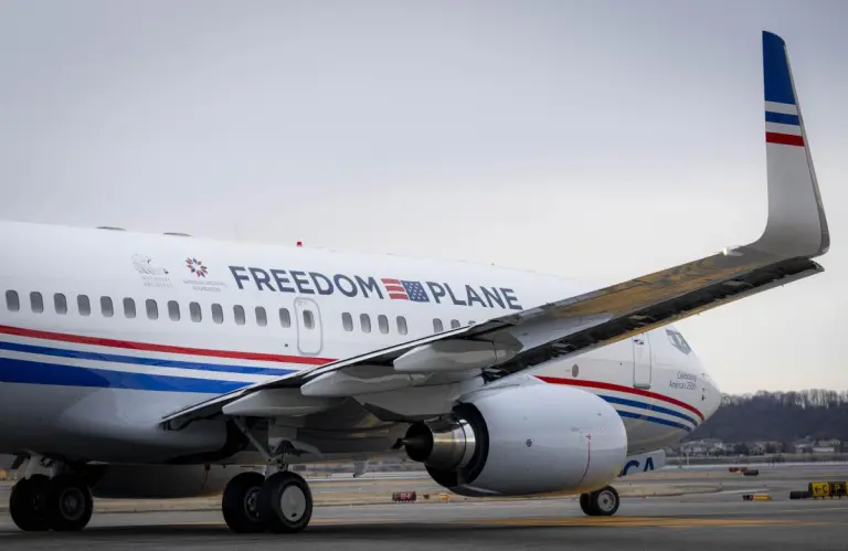 The Freedom Plane prepares for takeoff ahead of its inaugural flight from Ronald Reagan Washington National Airport on Monday, March 2, 2026. (Courtesy of the National Archives Foundation)