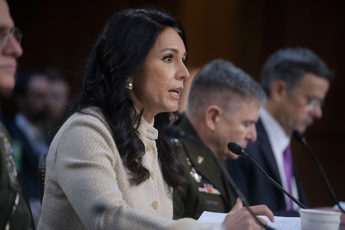 Director of National Intelligence Tulsi Gabbard testifies during a Senate Committee on Intelligence hearing to examine worldwide threats, on Capitol Hill, Wednesday, March 18, 2026, in Washington.