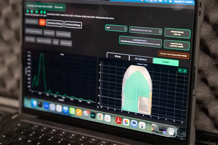 A screen shows what one of Gecko Robotics's robots are measuring.