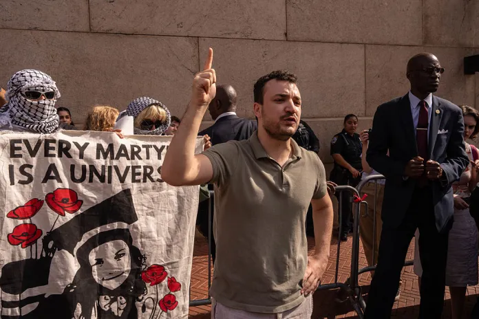 Mahmoud Khalil attends a vigil and protest for Palestine outside of Columbia University on October 7, 2025 in New York City. It has been two years since the Oct. 7 attack, in which Hamas-led fighters launched a multipronged assault on Israel, killing 1,200 people and abducting about 250. Negotiations to finalize a peace deal based on President Donald Trump's Gaza ceasefire plan are currently underway in Egypt. (Photo by Adam Gray/Getty Images)