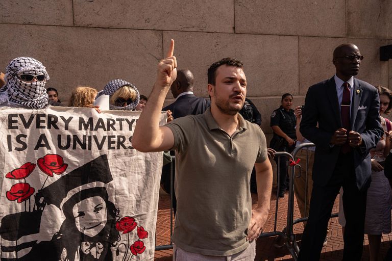 Mahmoud Khalil attends a vigil and protest for Palestine outside of Columbia University on October 7, 2025 in New York City. It has been two years since the Oct. 7 attack, in which Hamas-led fighters launched a multipronged assault on Israel, killing 1,200 people and abducting about 250. Negotiations to finalize a peace deal based on President Donald Trump's Gaza ceasefire plan are currently underway in Egypt. (Photo by Adam Gray/Getty Images)