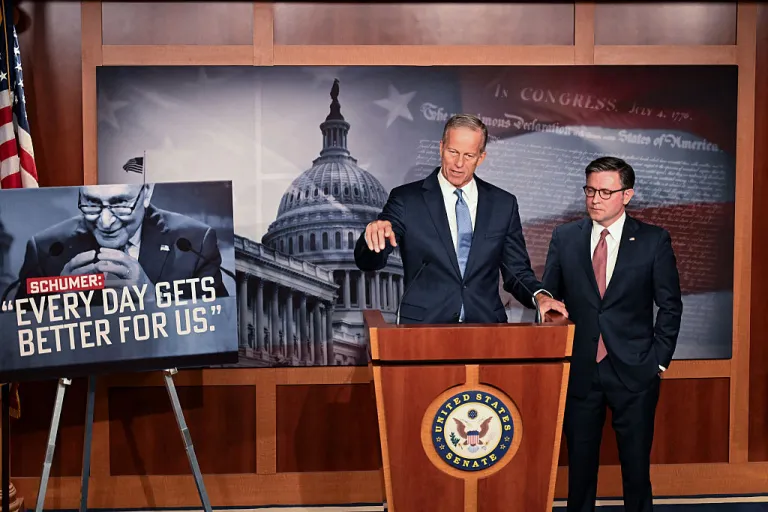 (L/R) US Senate Majority Leader John Thune, Republican from South Dakota, and Speaker of the House Mike Johnson, Republican from Louisiana, hold a news conference at the US Captiol on the tenth day of the federal government shutdown on October 10, 2025, in Washington, DC. The US government shutdown looked set to extend into a third week as senators again rejected a Republican funding bill on October 9 despite President Donald Trump's attempts to turn the thumbscrews on opposition Democrats. Federal agencies have been out of money since October 1 and public services have been crippled amid stalled talks between the two sides that have led to a series of near-daily failed votes to turn the lights back on. (Photo by Alex WROBLEWSKI / AFP) (Photo by ALEX WROBLEWSKI/AFP via Getty Images)