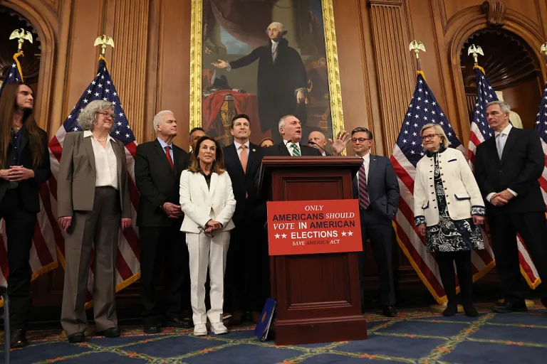 WASHINGTON, DC - FEBRUARY 11: U.S. House Majority Leader Steve Scalise (R-LA) speaks during a news conference on February 11, 2026 at the U.S. Capitol in Washington, DC. House Speaker Mike Johnson (R-LA) was joined by House Majority Leader Steve Scalise (R-LA), House Republican Conference Chairwoman Lisa McClain (R-MI), House Administration Committee Chairman Rep. Bryan Steil (R-WI), Rep. Chip Roy (R-TX), and House Majority Whip Tom Emmer (R-MN) as well as other Republican members of Congress to speak about the passage of the SAVE America Act, an election bill backed by President Donald Trump that would require proof of citizenship to register to vote and require photo identification at the ballot box. (Photo by Michael M. Santiago/Getty Images)