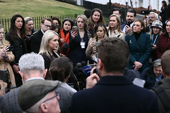White House Press Secretary Karoline Leavitt speaks to reporters outside of the West Wing of the White House in Washington, DC, on March 6, 2026.