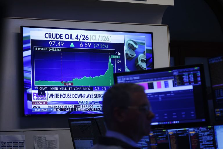 A television broadcasts oil price news on the floor at the New York Stock Exchange (NYSE) in New York, US, on Monday, March 9, 2026. The war in the Middle East sparked fresh turmoil in global markets as oil smashed through $100 a barrel, spurring losses in stocks and bonds. Photographer: Michael Nagle/Bloomberg via Getty Images