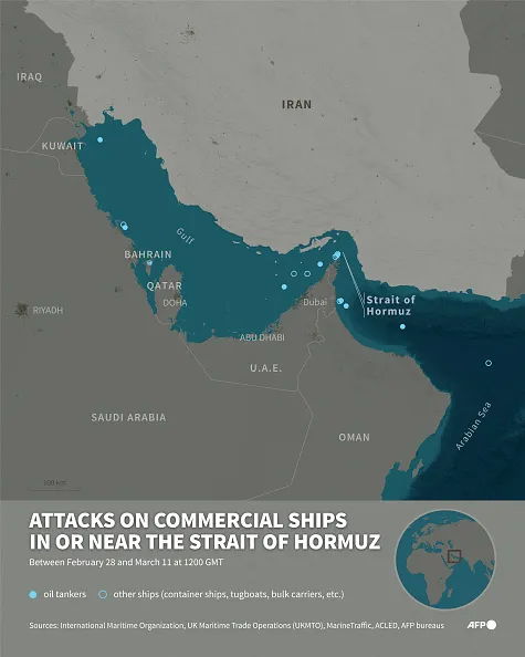 Infographic with a map of the Gulf and the Strait of Hormuz showing attacks on commercial vessels between February 28 and March 11 at 1200 GMT